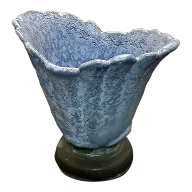 Weller Fan Vase Blue Speckled Top Green Base Signed Thick Mold Ridged Exterior For Sale