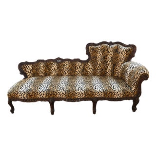 Vintage Rococo Revival Leopard Chaise Lounge. Hand Carved Wood. Professionally Upholstered. Hand Carved Wood. Professionally Upholstered. For Sale