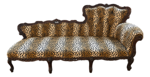 Vintage Rococo Revival Leopard Chaise Lounge. Hand Carved Wood. Professionally Upholstered. Hand Carved Wood. Professionally Upholstered.