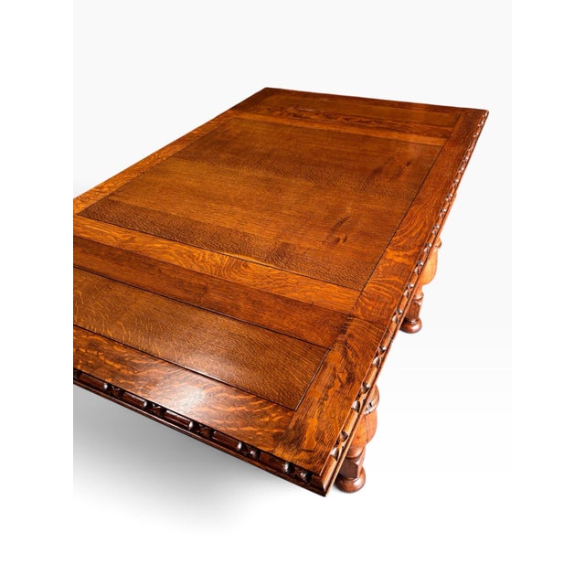1925 Ornate Jacobean / Elizabethan Revival Period Draw Leaf Table - Beautiful Solid Quarter Sawn Oak For Sale - Image 4 of 12