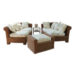 Vintage 1980s Postmodern Heavy Rattan Demi-Lune Lounge Set With Original Pastel Brushstroke Cushions - 3 Pieces For Sale