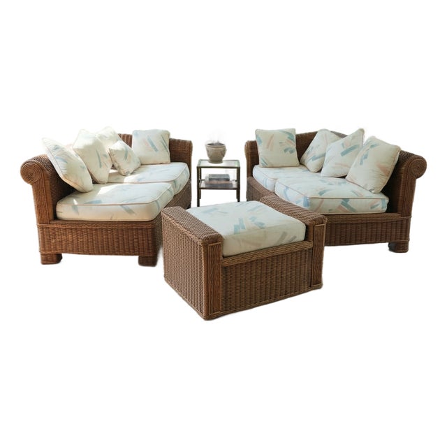 Vintage 1980s Postmodern Heavy Rattan Demi-Lune Lounge Set With Original Pastel Brushstroke Cushions - 3 Pieces For Sale