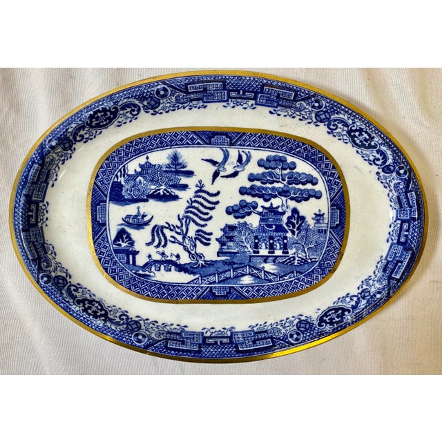English Antique Pair of Gold Rimmed Beech Hancock & Company Oval Blue Willow Side Dish/Vegetable Serving Dishes From England - Circa 1851 For Sale - Image 3 of 12