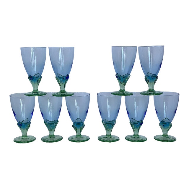 Vintage Bi-Colored, Green and Blue, Hand-Blown Water Goblets, 'Bahia' by Italy's Bormioli Rocco- Set of 10 For Sale