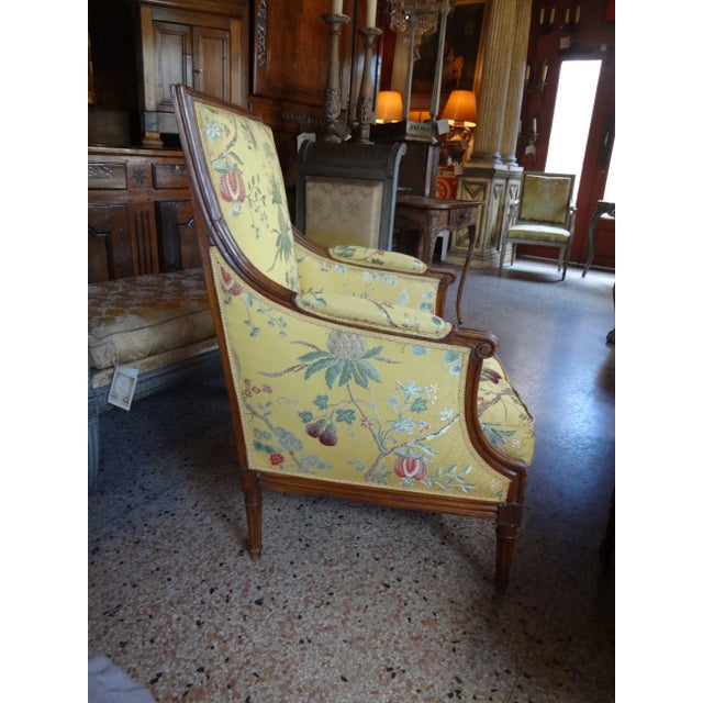 Single walnut French early 19th century bergere. Louis XVI style. Upholstery in great condition. Beautiful carving and...
