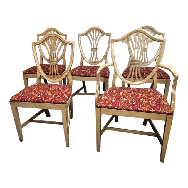 Mid 20th Century Vintage Drexel Federal Style Tan Color Painted Shield-Back Dining Chairs- Set of 5 For Sale