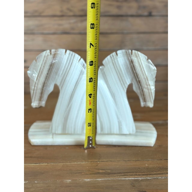 Vintage Onyx Horse Head Bookends – Cream & Taupe Striped Stone Pair, 6.5” For Sale - Image 9 of 11