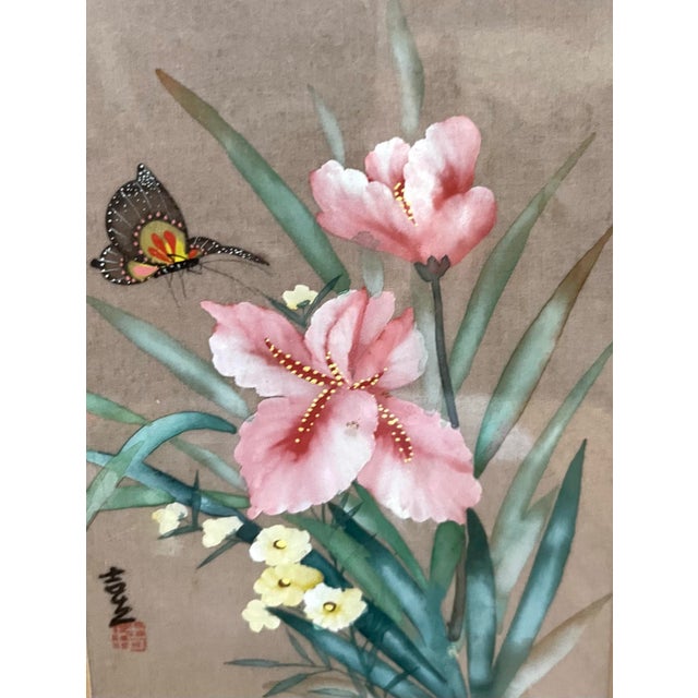 Early 20th Century Asian Lilies / Botanical Painting in Gilt Bamboo Frame - a Set of Two For Sale - Image 5 of 8