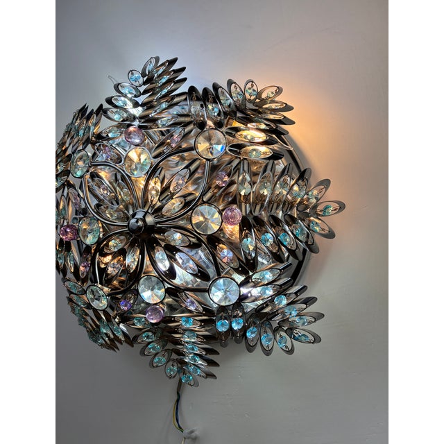 Pair of Vintage Crystal Flush Mount Chandeliers, Hand-Painted Ceiling Lights, Large Mid Century Style Wall Sconces, Low Ceiling Light Set For Sale - Image 14 of 16