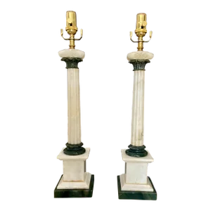 Pair Italian Column Neoclassic Alabaster Table Lamps