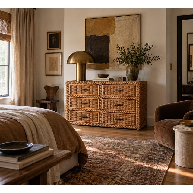 Contemporary Woven Wicker Six-Drawer Dresser With Braided Rope Trim, 1980s For Sale - Image 3 of 17