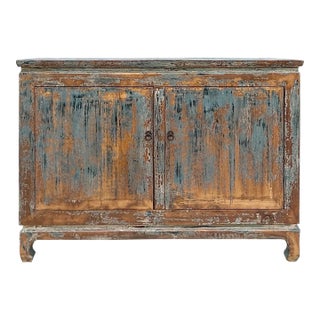Distressed Rustic Teal Blue 2 Doors Credenza Sideboard Console Cabinet For Sale
