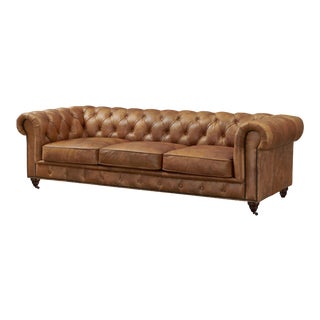 Crafters and Weavers Leather Century Chesterfield Sofa - Saddle Brown For Sale