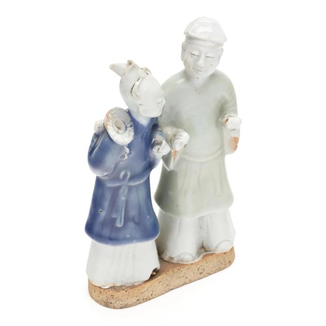 Ceramic Antique 18th Century Chinese Export Porcelain Blue & White & Celadon Qianlong Double Figure of a Couple For Sale - Image 7 of 11