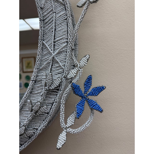 Boho Chic Hand Beaded Oval Mirror With Wired Floral Embellishments For Sale - Image 3 of 9