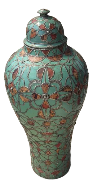Extra Large Metal Inlaid and Leather Patches Moroccan Hand Painted Vase / Jar