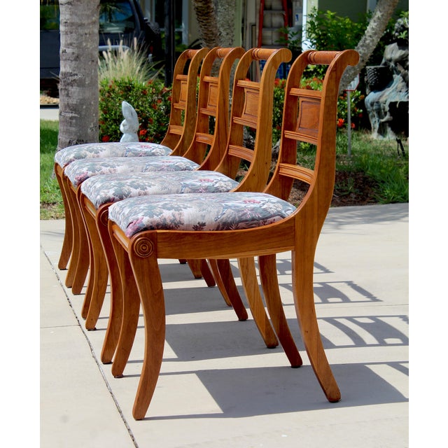 Wood Set of 4 Vintage Federal Style Walnut Dining Chairs With Equestrian Hunt Scene Upholstery For Sale - Image 7 of 18