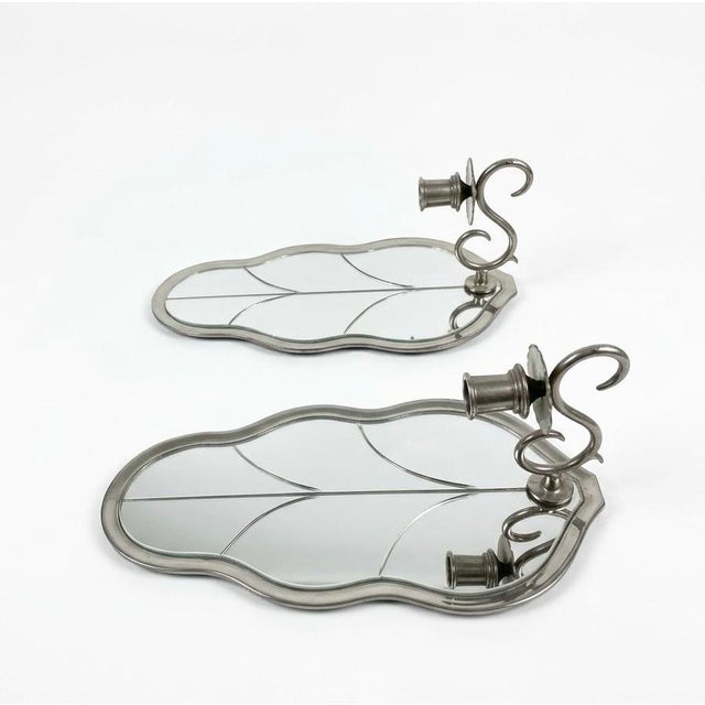 Pair of Vintage Silver-Tone Leaf Mirrored Wall Candle Sconces For Sale - Image 4 of 12