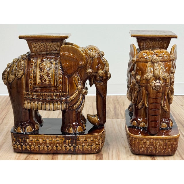 Vintage Brown Ceramic Elephant Garden Stools, a Pair For Sale - Image 4 of 7