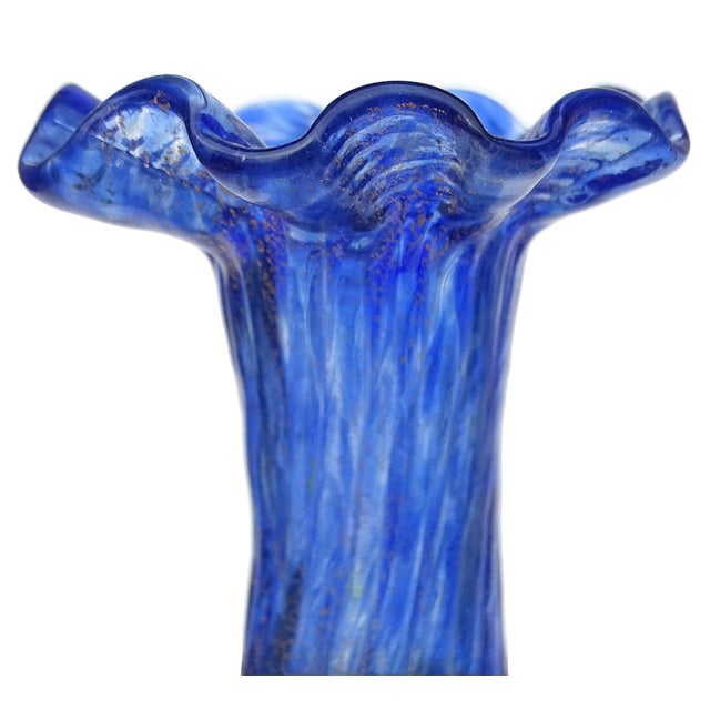 Victorian Venetian Antique Murano Blue Sapphire Gold Leaf Handles Italian Art Glass Ruffle Rim Footed Flower Vase For Sale - Image 3 of 9