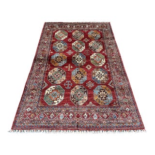 Red Memling Gul Kazak Hand-Knotted Wool Rug - 5'4" X 8'3" For Sale
