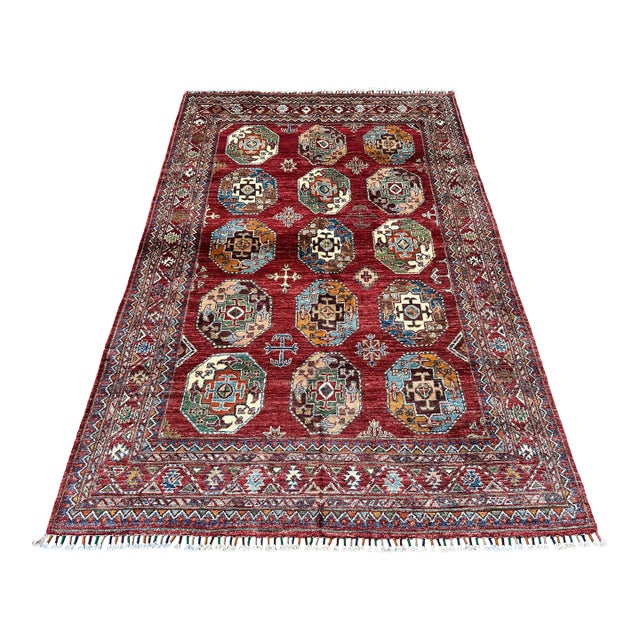 Red Memling Gul Kazak Hand-Knotted Wool Rug - 5'4" X 8'3" For Sale