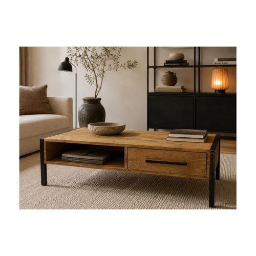 Industrial Coffee Table in Wood and Metal with Drawer, 1990s, in Good conditions. Designed 1990 to 1999
