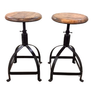 Industrial Modern Wood and Metal Adjustable Counter Stool Pair For Sale