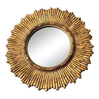 Mid-Century Gilded Wood & Gesso Sunburst Convex Mirror For Sale