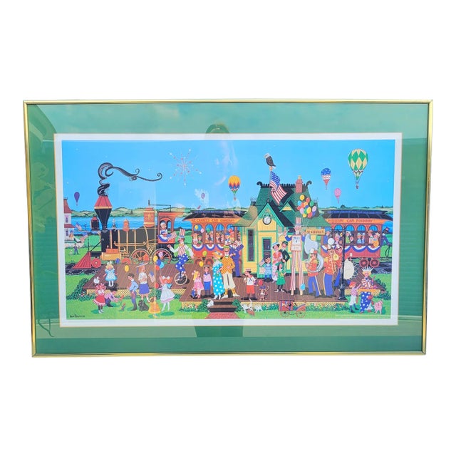 Vintage Artist Proof Signed America Celebrates Freedom Framed Whimsical Americana Bright Carnival Art by Ann Thompson For Sale