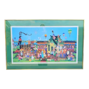 Vintage Artist Proof Signed America Celebrates Freedom Framed Whimsical Americana Bright Carnival Art by Ann Thompson