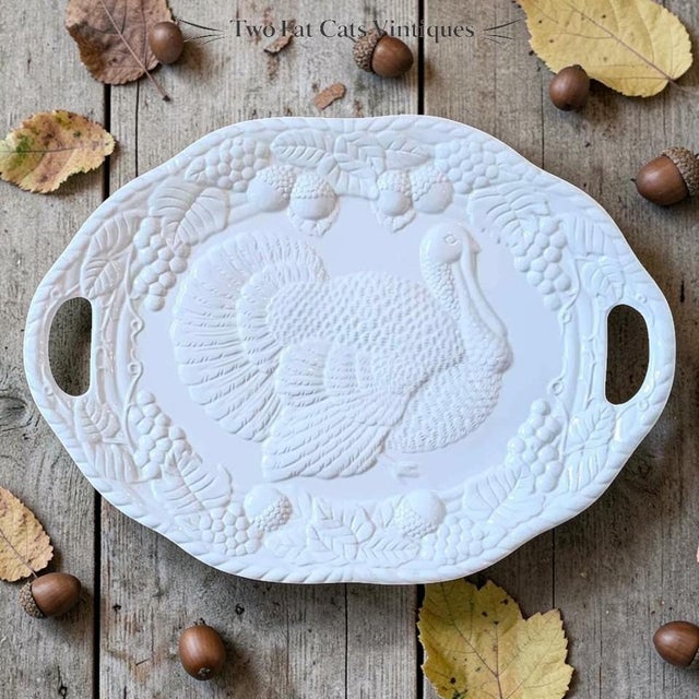 Mid-20th Century White Ceramic Embossed Turkey Platter with Handles A spectacular, statement-making mid-20th century white...