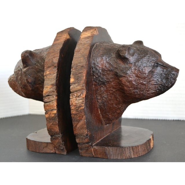 Vintage Pair of Hand Carved Grizzly Bear Solid Wood Bookends Rustic Edwardian Period. Handmade out of one piece of Wood in...