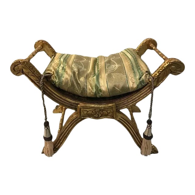 Late 20th Century Giltwood Bench with Pillow and Nailheads For Sale