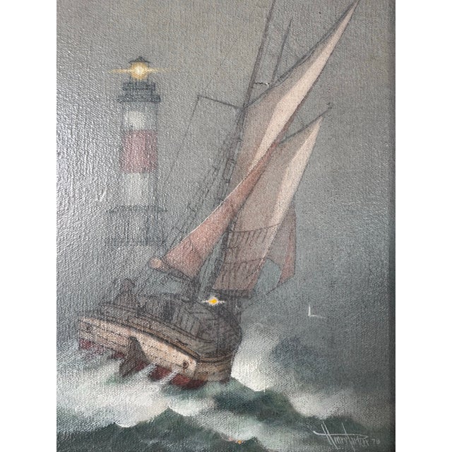 1978 Vintage Nautical Seascape With Sailing Vessel and Lighthouse — Oil on Canvas Painting by Henry P. For Sale - Image 4 of 12