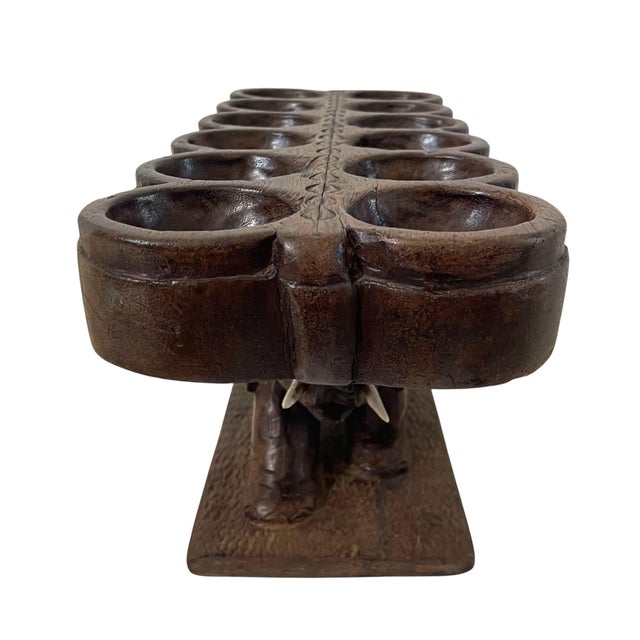 Brown VTG African Hand Carved Elephant Mancala Wooden Game Board Folk Art Signed For Sale - Image 8 of 9