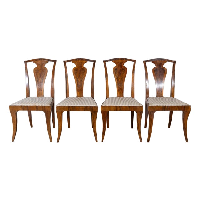 Set of Four French Art Deco Dining Chairs in Walnut and Bois de Rose, circa 1920 For Sale