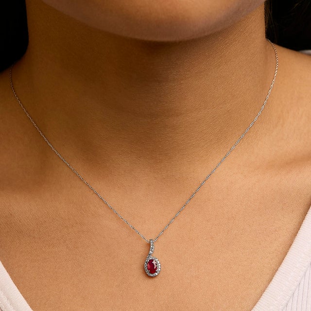 10K White Gold Red Ruby and Diamond Accent Teardrop Pendant Necklace - 18" Inches For Sale - Image 4 of 5