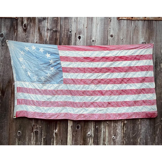 Blue Real Vintage Betsy Ross American Revolutionary Flag 13 Stars Cotton 1976 With Beautiful Naturally Faded Patina 3x5 For Sale - Image 8 of 8