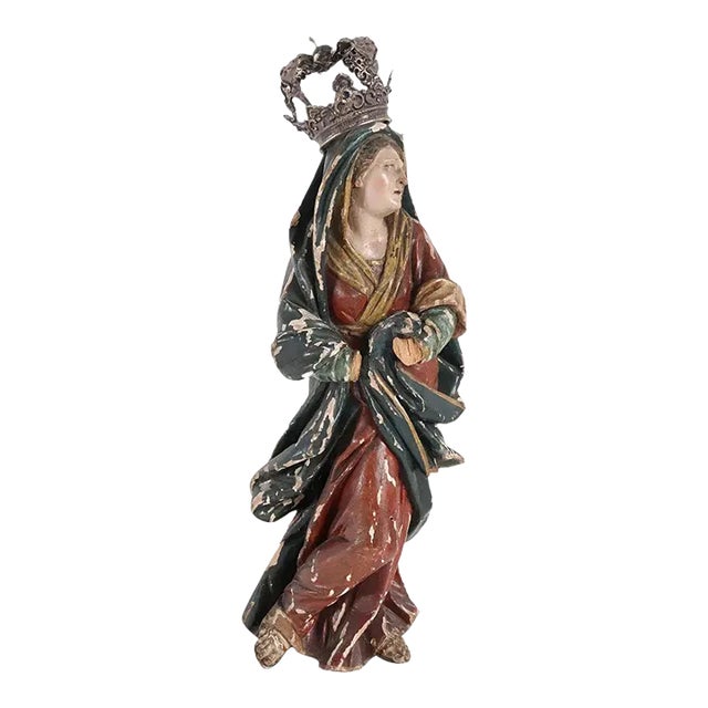 French Painted Wood, Silver and Sapphire Crowned Madonna Figure For Sale