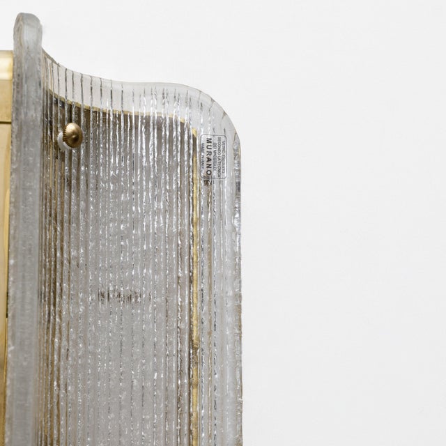 Metal Big Curved Clear Ribbed Murano Glass and Brass Wall Sconces, 2000, Set of 2 For Sale - Image 7 of 9