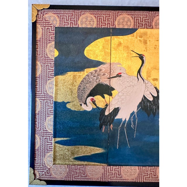 Japanese Vintage Japanese Two Panel Byobu Small Folding Screen Featuring a Flock of Cranes For Sale - Image 3 of 15