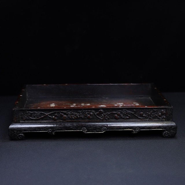 Zitan Wood Tray Inlaid With Mother-of-Pearl & Calligraphy For Sale - Image 4 of 10