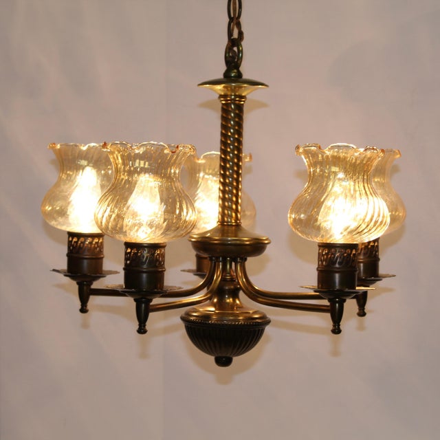 American Antique Chandelier With Turned Brass & Opalescent Amber Glass Shades For Sale - Image 3 of 7