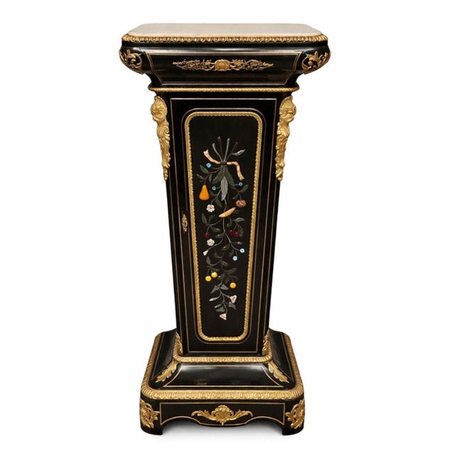 French Similar Pair 19th C. Napoleon III Ebonized Pedestals With Hardstone & Bronze. For Sale - Image 3 of 15