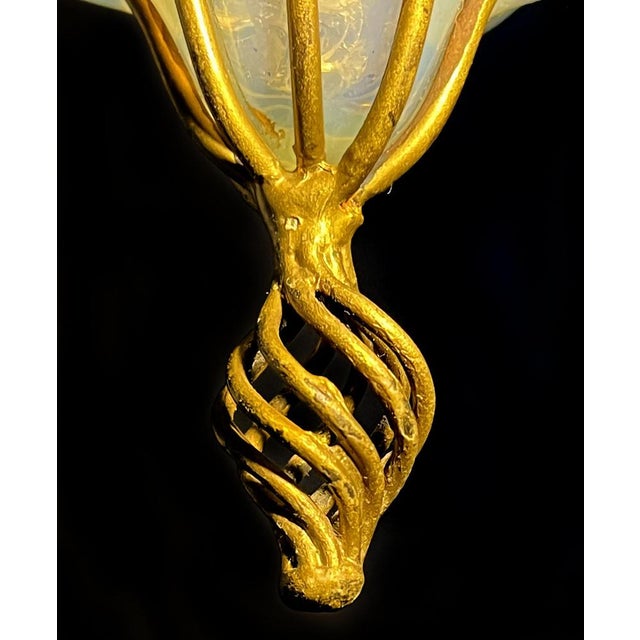 Gold CVenetian Opal Glass Lanterns and Sconce, Murano, 1950s, Set of 2 For Sale - Image 8 of 18