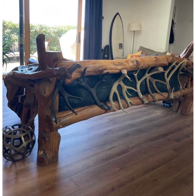 Rustic Live-Edge Handmade Sofa, Genuine Cowhide Upholstery For Sale - Image 9 of 9