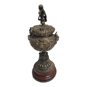Late 19th Century Silver-Tone Metal Ornate Urn With Marble Base