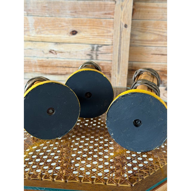 Set of Three Vintage Scorched Bamboo and Rattan Wrapped Candlesticks For Sale - Image 9 of 12