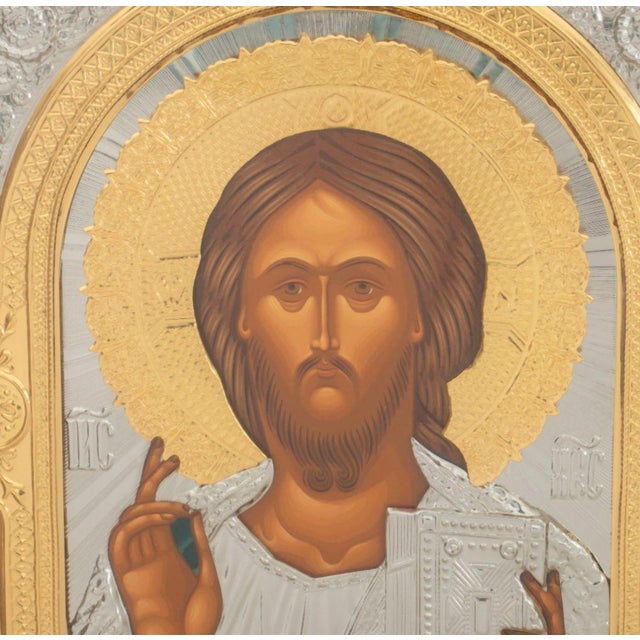 Russian Hand-Painted Icon of "Christ Pantocrator" with Silver and Gilt Oklad or Cover within a Kiot, by the Sofrino...